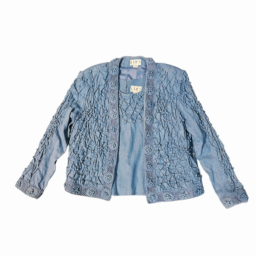 Vintage Lim’s denim jacket featuring all-over raised floral embroidery, crochet